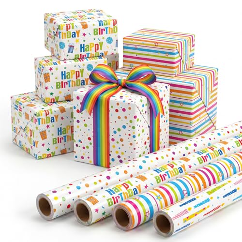 woric Birthday Wrapping Paper Rolls Colorful Gift Wrapping Paper with Happy Birthday Lettering Candles Polka Dots Stripes Design for Boys Party Baby Shower 4 Rolls 17 in x 120 in10ft Per Roll - Image 1