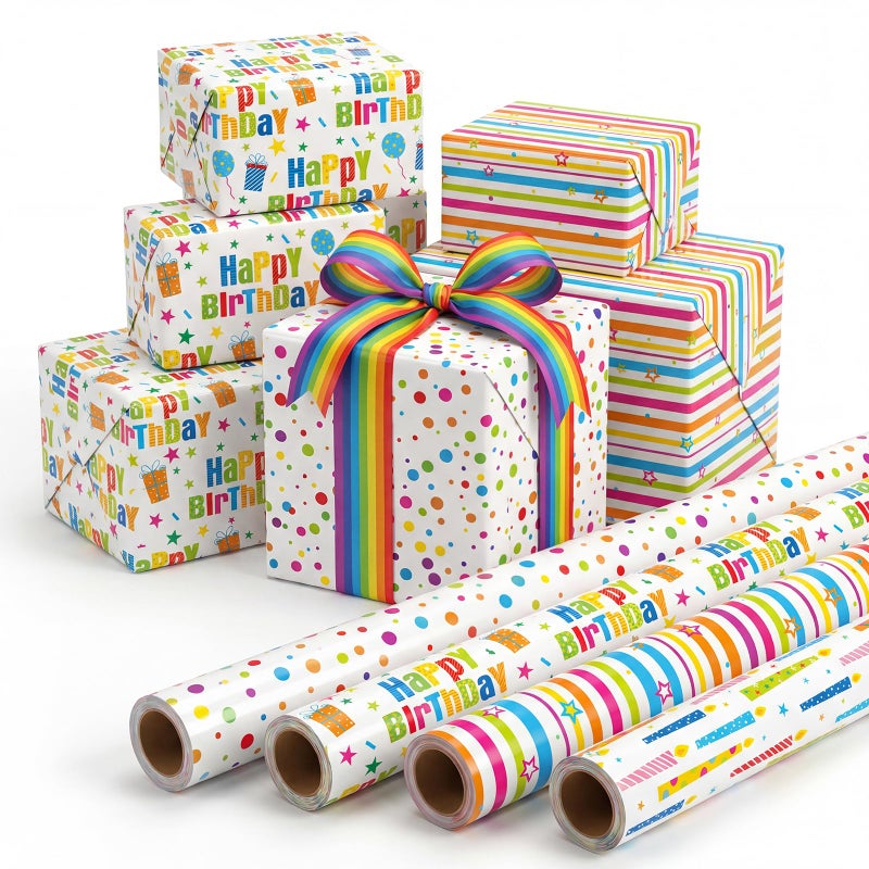 woric Birthday Wrapping Paper Rolls Colorful Gift Wrapping Paper with Happy Birthday Lettering Candles Polka Dots Stripes Design for Boys Party Baby Shower 4 Rolls 17 in x 120 in10ft Per Roll - Image 2
