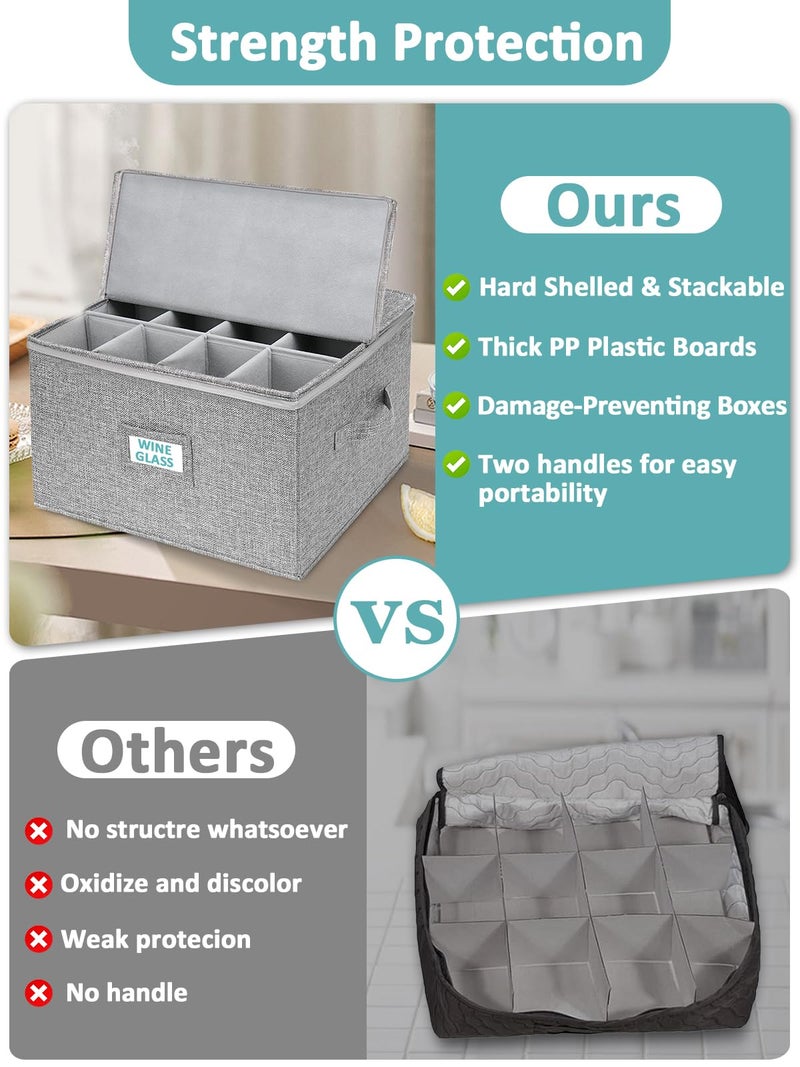 Cirhy Wine Glass Storage Box Hard Shell, 10'' Tall Stemware Storage Containers for Moving, Holds 24 Crystal Glasses & Flutes, Stackable Glassware Chest with Dividers, Grey (2-Pack) - Image 3