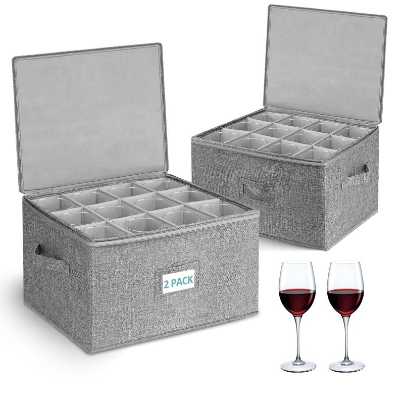 Cirhy Wine Glass Storage Box Hard Shell, 10'' Tall Stemware Storage Containers for Moving, Holds 24 Crystal Glasses & Flutes, Stackable Glassware Chest with Dividers, Grey (2-Pack) - Image 1
