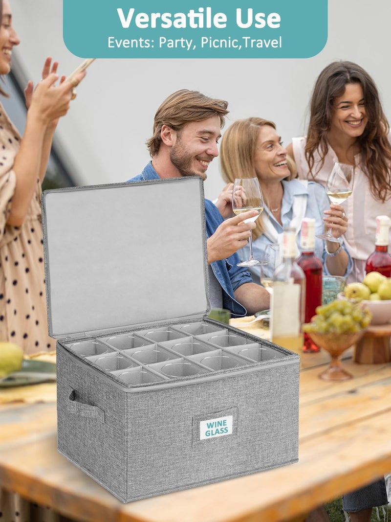Cirhy Wine Glass Storage Box Hard Shell, 10'' Tall Stemware Storage Containers for Moving, Holds 24 Crystal Glasses & Flutes, Stackable Glassware Chest with Dividers, Grey (2-Pack) - Image 4