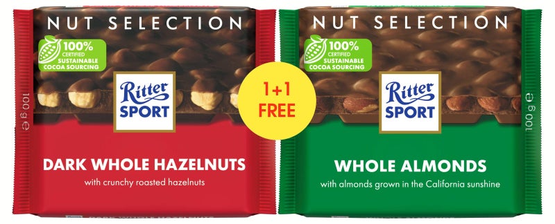 Ritter Sport Dark Whole Hazelnuts & Whole Almonds Chocolate Bar 1+1 200g - Image 1