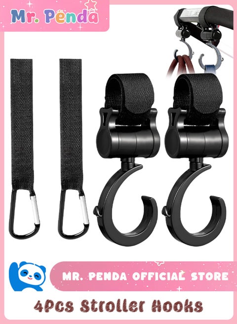 خطافات لعربة الاطفال من شنط الحفاضات، شنطة الام واكسسوارات عربة الاطفال المريحة، خطافات منظمة، مشابك لعربات الاطفال، عبوة من 4 قطع، أسود