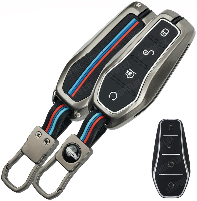 SHOPOFLUX Metal Car Key Cover Compatible for BYD Atto 3 Seal, Sealion, eMax7 3 button smart key - Black (Pack 1) - Image 1