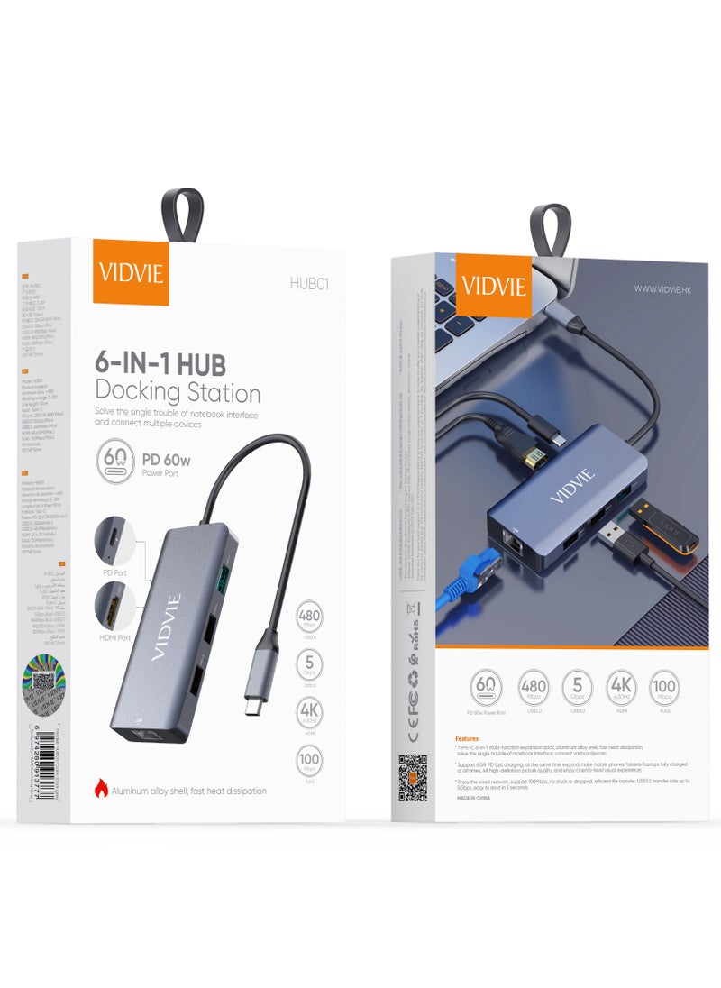VidVie 6-IN-1 HUB Docking Station USB 3.0 + USB 2.0 + PD + 4K HDMI + RJ45 Port