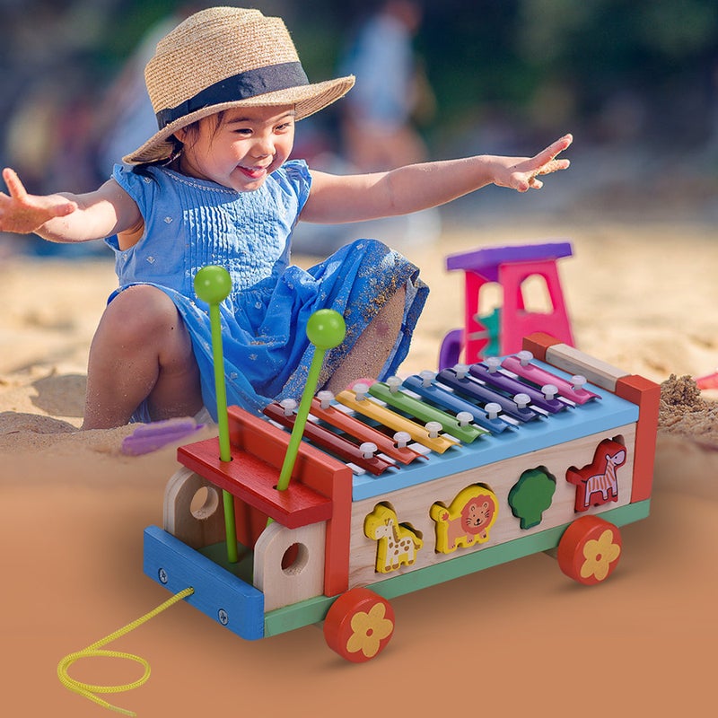 Multifunctional Wooden Toy Car with 8 Notes Xylophone Glockenspiel 7 Cute Animal-shaped Blocks Early Educational Toy Percussion Instrument Musical Gift for Kids Children - Image 1