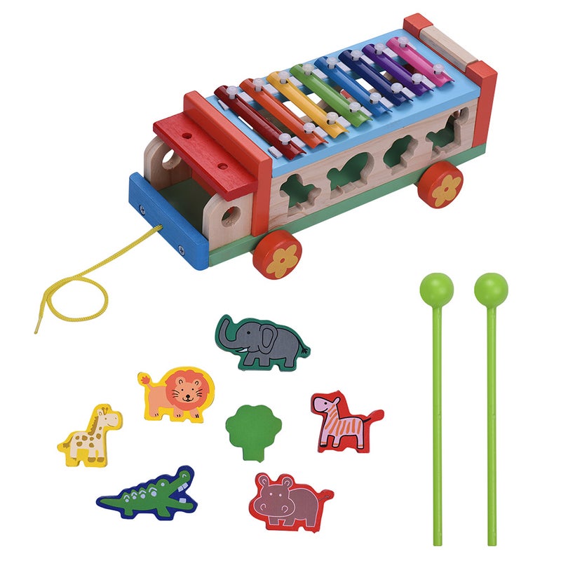 Multifunctional Wooden Toy Car with 8 Notes Xylophone Glockenspiel 7 Cute Animal-shaped Blocks Early Educational Toy Percussion Instrument Musical Gift for Kids Children - Image 5