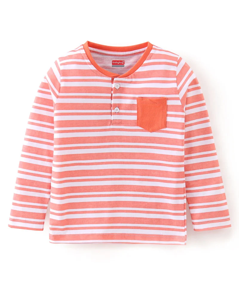 babyhug Babyhug 100% Cotton Knit Full Sleeves Striped T-Shirt - Orange