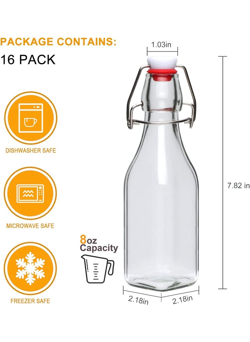 Leeonz Leeonz® 250ML Swing Top Glass Bottles with Caps, Clear Glass Bottle for Kombucha Fermenting, Beer Brewing, Juicing, Wine, Milk or Eggnog (Pack of 16, Square Shape)  - Image 2