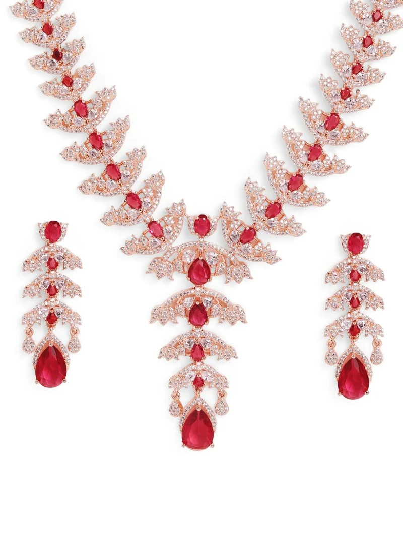 Priyaasi Rose Stones Studded Leaf Pattern Jewellery Set