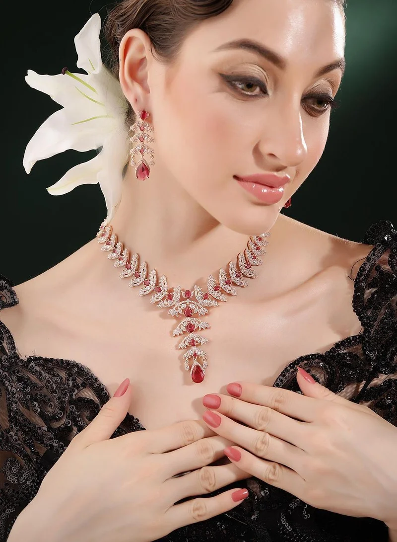 Priyaasi Rose Stones Studded Leaf Pattern Jewellery Set