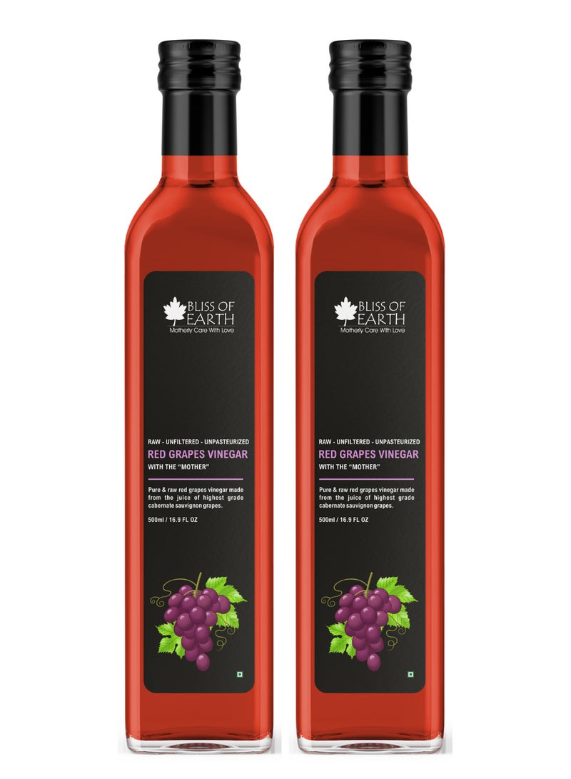 BLISS OF EARTH Raw Red Wine Vinegar With Mother Unfiltered Red Grapes Vinegar For Cooking Salad Dressings and Marinating Fresh or Grilled Vegetables 500ml Pack of 2  - Image 1