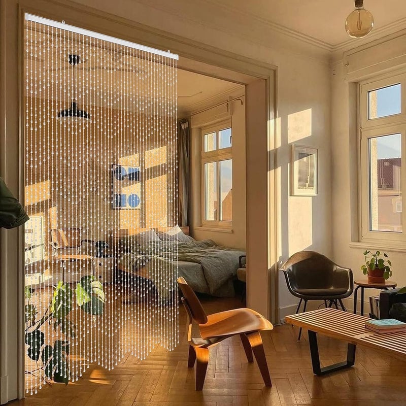 GeeComfy ستارة مزينة بالخرز الكريستالي، مكونة من لوحين، أبعادها 35.5 × 79 بوصة، تحتوي على 45 خيطًا من الأكريليك، مناسبة للتعليق على الأبواب أو النوافذ، لتزيين غرف المعيشة أو النوم، بنمط موجي – اللون أبيض - Image 4