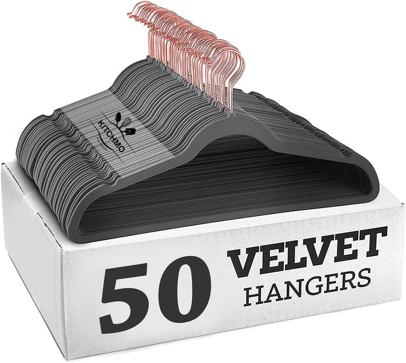 KITCHMO- Premium Velvet Hangers Non Slip Velvet Suit Hangers Rose Gold Hooks,Space Saving Clothes Hangers Velvet Hangers Non-Slip 360 Degree Swivel Hook Clothes Hangers Velvet (Grey, Pack of 50) - Image 1