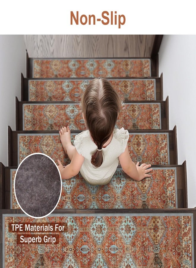 sarben Non Slip Stair Treads for Wooden Steps 15PCS - 8"x30" Indoor Safety Carpet, Edging Mats with TPE Adhesive Backing, Pet and Elderly Friendly Stair Rugs (Rust) - Image 2