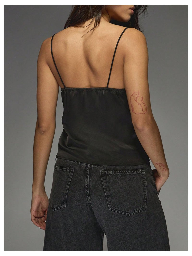 MakeMeChic Women's Satin Lace Camisole Top V Neck Sleeveless Going Out Party Tank Tops Black Medium - Image 2