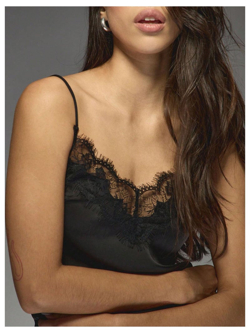 MakeMeChic Women's Satin Lace Camisole Top V Neck Sleeveless Going Out Party Tank Tops Black Medium - Image 4