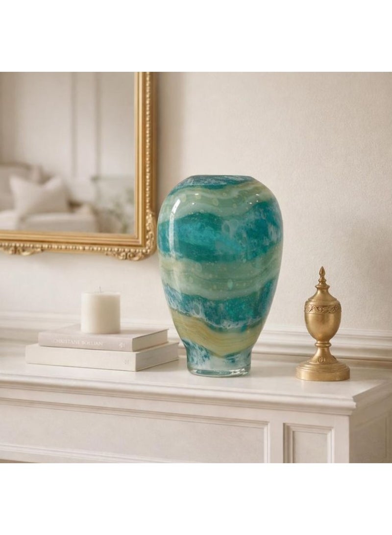 Modern Glass Vase with Gold and Pink Stripes - 29cm - Luxury Decorative Piece for Home and Office.