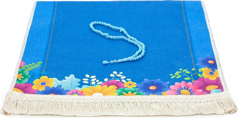 İhvan Online Ihvan Online Cylinder Boxed Prayer Beads and Personalized Name Embroidery Children's Prayer Rug Set Blue