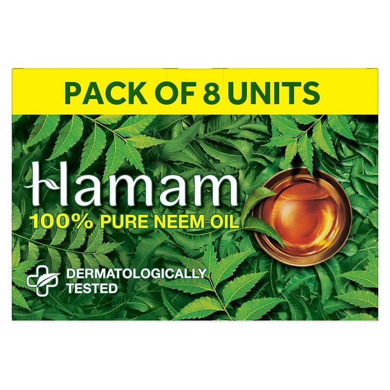 Hamam New Bathing Soap Pack of 8 with 100 Pure Neem Oil Which Helps Protects Your Skin From Pimples and Other Skin Problems - Image 1
