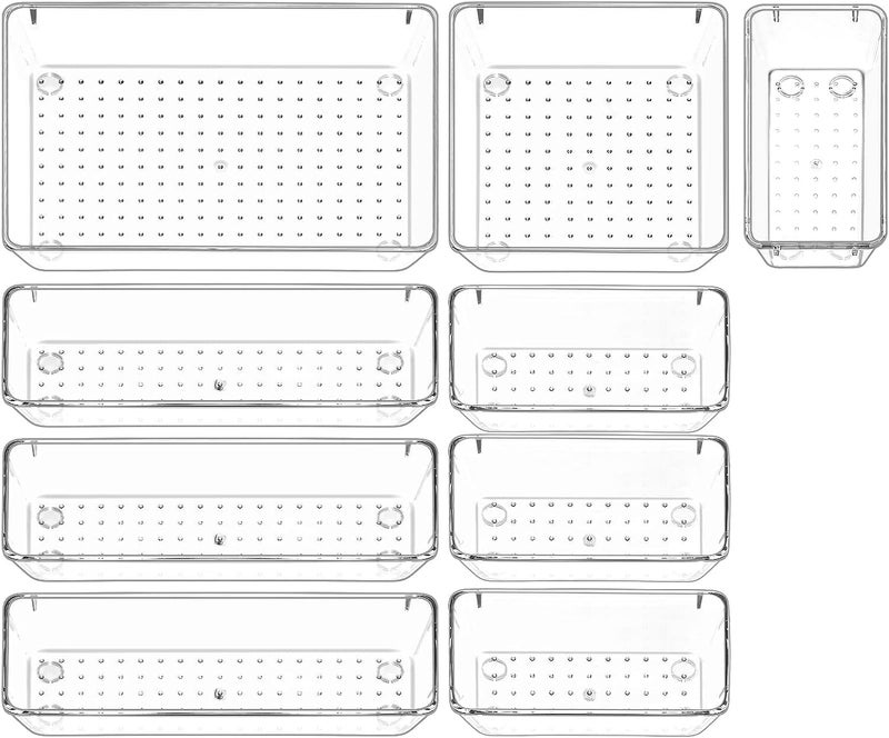 DARKFISH DARK Bathroom Drawer Tray Dividers Plastic Vanity Organizers Storage Bins For Makeup Dresser Tray, Clear (9 Pcs) - Inside, Transparent  - Image 1