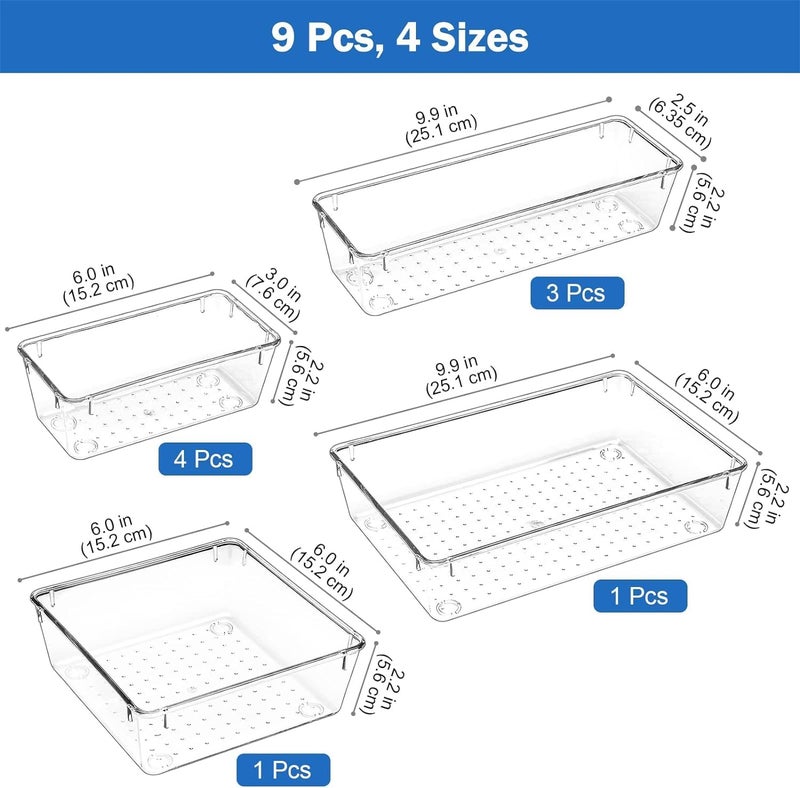 DARKFISH DARK Bathroom Drawer Tray Dividers Plastic Vanity Organizers Storage Bins For Makeup Dresser Tray, Clear (9 Pcs) - Inside, Transparent  - Image 2