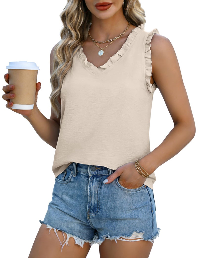 DATAMOUNT Womens Tank Tops Summer Dressy Casual Blouses Sleeveless Business Work Shirts Ruffle V Neck Trendy Tops(Apricot,M) - Image 1