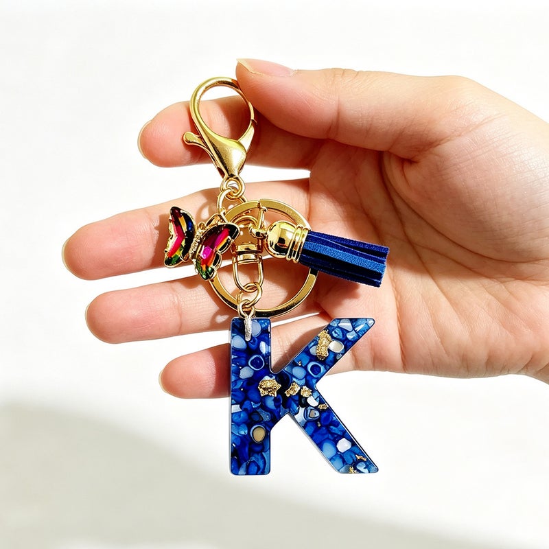 English Resin Letter Keychain with Butterfly Tassel Pendant - Image 3