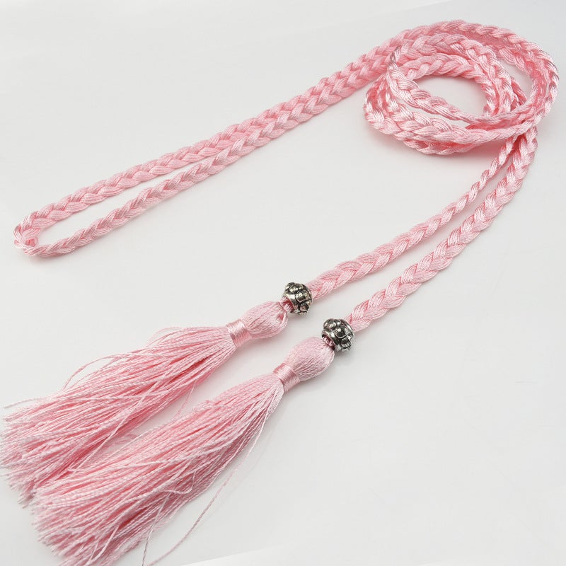 Braided Tassel Belt Ladies Skinny Butterfly Knot Pink 