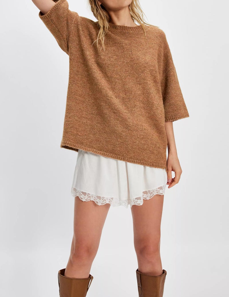 Yeokou Women Short Sleeve Sweaters Casual Oversized Crewneck Soft Knit Pullover Spring Summer Lightweight Sweater Top(Coffee-L) - Image 2