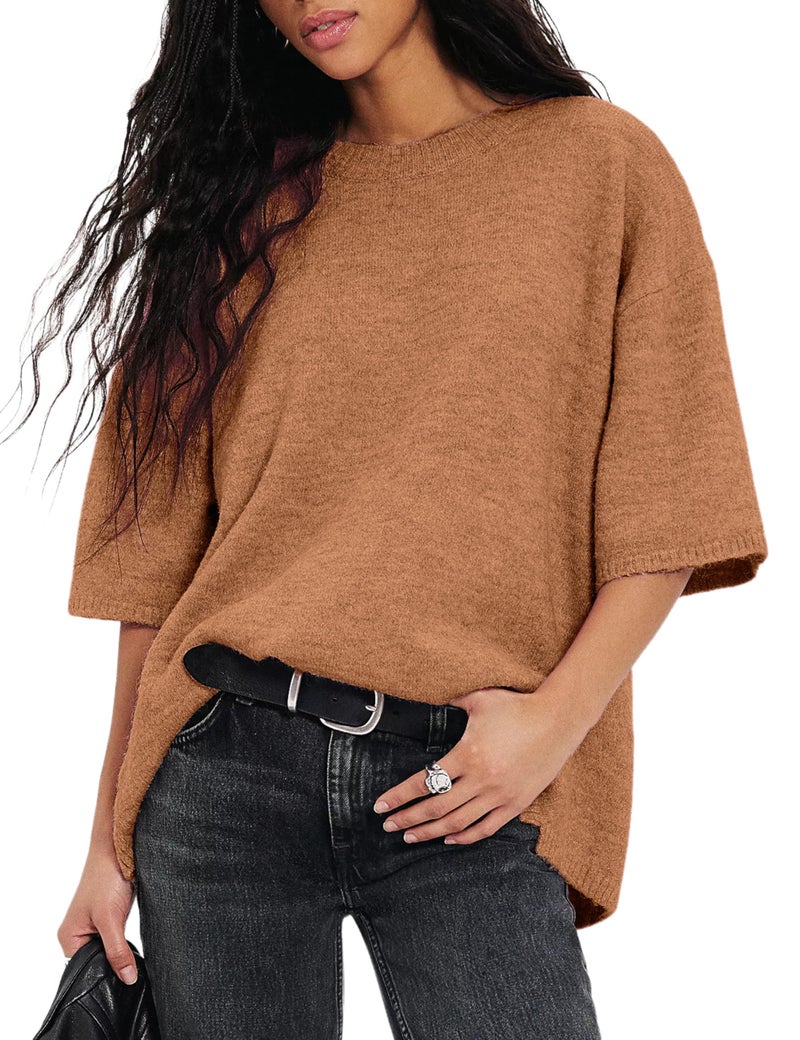 Yeokou Women Short Sleeve Sweaters Casual Oversized Crewneck Soft Knit Pullover Spring Summer Lightweight Sweater Top(Coffee-L) - Image 1