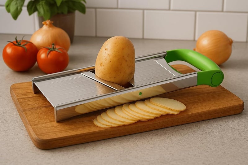 Simplyhut Stainless Steel Potato Chips Cutter- Vegetable Slicer Kitchen Premium Adjustable Slicer &Grater with Safety Holder for Potato Chips Veg Salad Maker, Machine with Holder Used (Plain Slicer) - Image 4