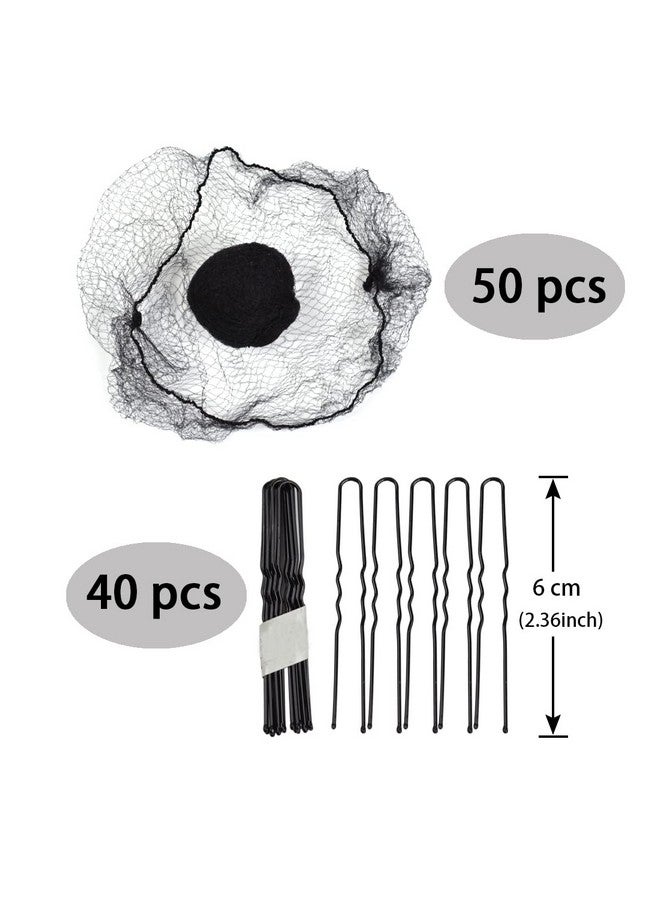 يتبيت 50 قطعة من شبكة الشعر المرنة غير المرئية مع 40 قطعة من الدبابيس على شكل حرف U للنساء (أسود) - Image 2