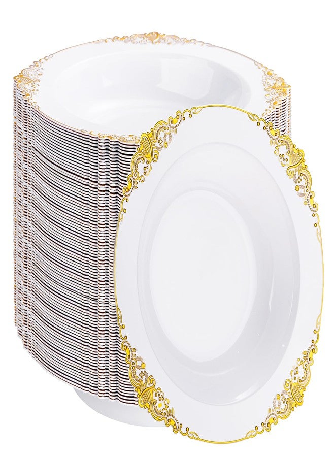 Joyido 100PCS Gold Plastic Bowls - 12 oz White Disposable Salad Bowls - Heavy Duty Soup Serving Bowl - Fancy Plastic Ice Cream Bowl for Weddings, Parties, Dinners, Catering, Picnics - Image 1