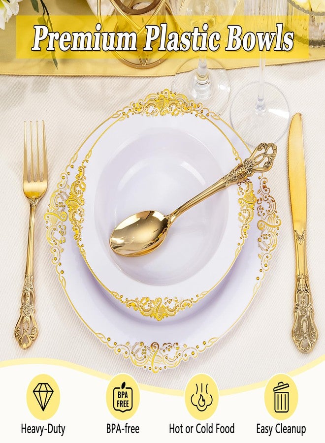 Joyido 100PCS Gold Plastic Bowls - 12 oz White Disposable Salad Bowls - Heavy Duty Soup Serving Bowl - Fancy Plastic Ice Cream Bowl for Weddings, Parties, Dinners, Catering, Picnics - Image 2