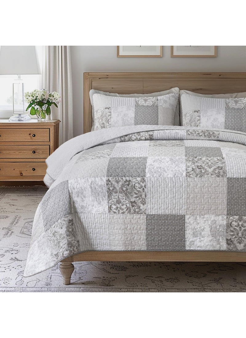 SLPR SLPR Silver Linings Cotton Quilt Set  King Size with 2 Shams Neutral Pieced Patchwork Design Country Silver Gray Quilted Comforter Lightweight Summer Farmhouse Bedspread 