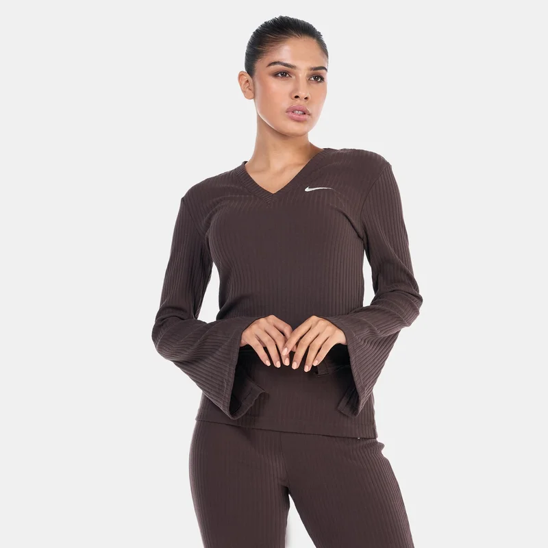 نايكي بلوزة نسائية بأكمام طويلة وياقة على شكل  من جيرسيه مضلع