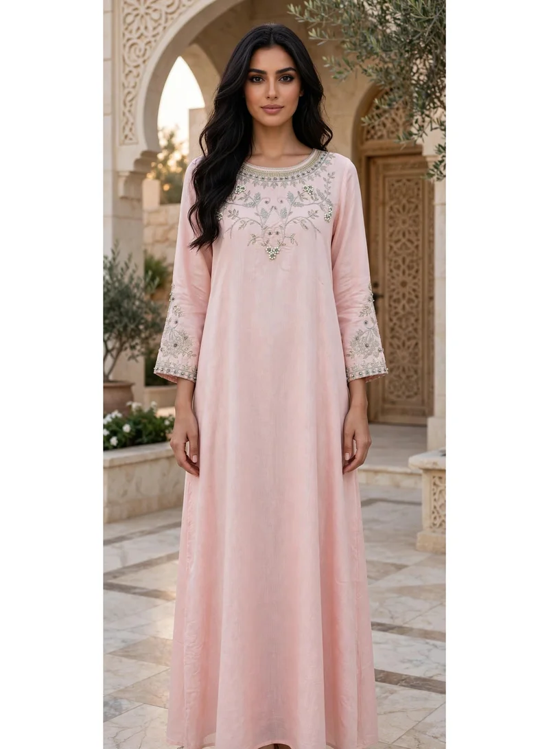 Floral Vines Embroidered Scoop Neck Maxi Jalabiya