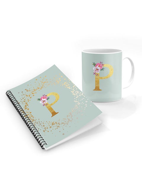 Stylizedd Designer Printed Coffee Mug + A5 Spiral Notebook Memo Notepad Journal Personalised Combo Gift Set  - Custom Monogram Initial Letter Floral Pattern Alphabet - P  ( Light Green )