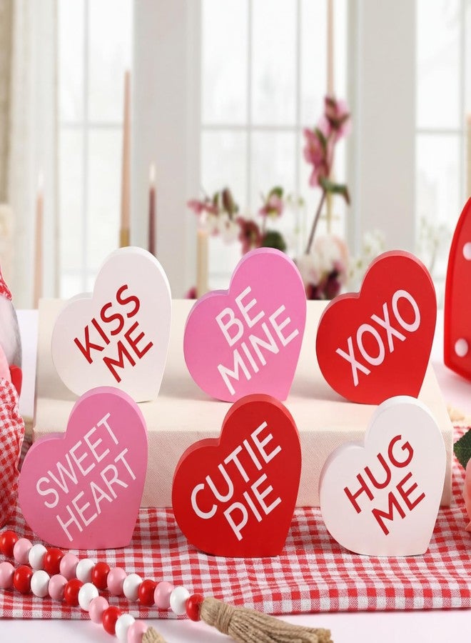 Qunclay 6 Pcs Valentine's Wooden Decor Red White Pink Heart Shaped Table Decorations Sign Tiered Tray Decor Centerpiece Farmhouse Table Blocks for Home Party Mantle Shelf - Image 3
