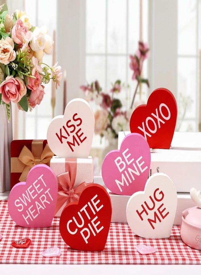 Qunclay 6 Pcs Valentine's Wooden Decor Red White Pink Heart Shaped Table Decorations Sign Tiered Tray Decor Centerpiece Farmhouse Table Blocks for Home Party Mantle Shelf - Image 1