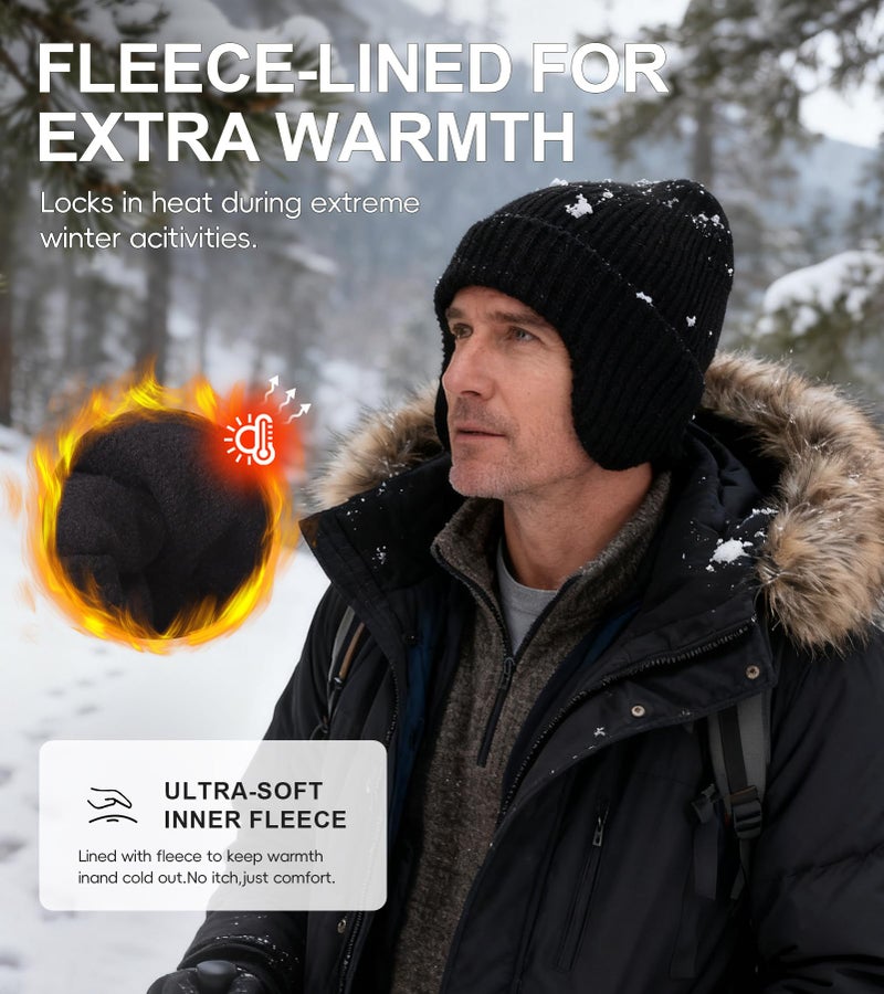 ZTL Unisex Merino Wool Beanie Hat with Ear Flaps Waterproof Windproof Warm Fleece Lined Winter Hat, Thermal Knitted Ski Cap for Women Men Black - Image 2