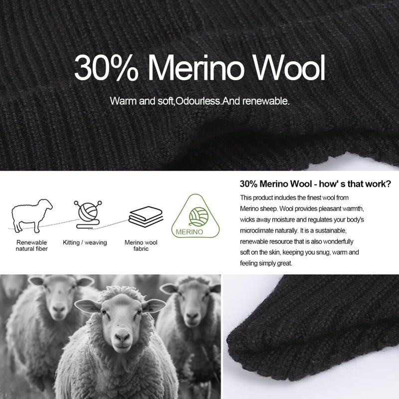 ZTL Unisex Merino Wool Beanie Hat with Ear Flaps Waterproof Windproof Warm Fleece Lined Winter Hat, Thermal Knitted Ski Cap for Women Men Black - Image 3