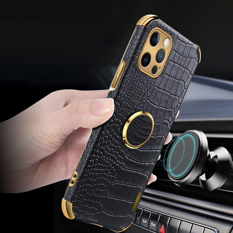 guppy Compatible with iPhone 16 Pro Max Ring Holder Case Luxury Crocodile Cover Gold Edge 360 Degree Rotation Stand Compatible with Women Slim Leather Snake Lizard Skin Protective Cover case,Green - Image 4