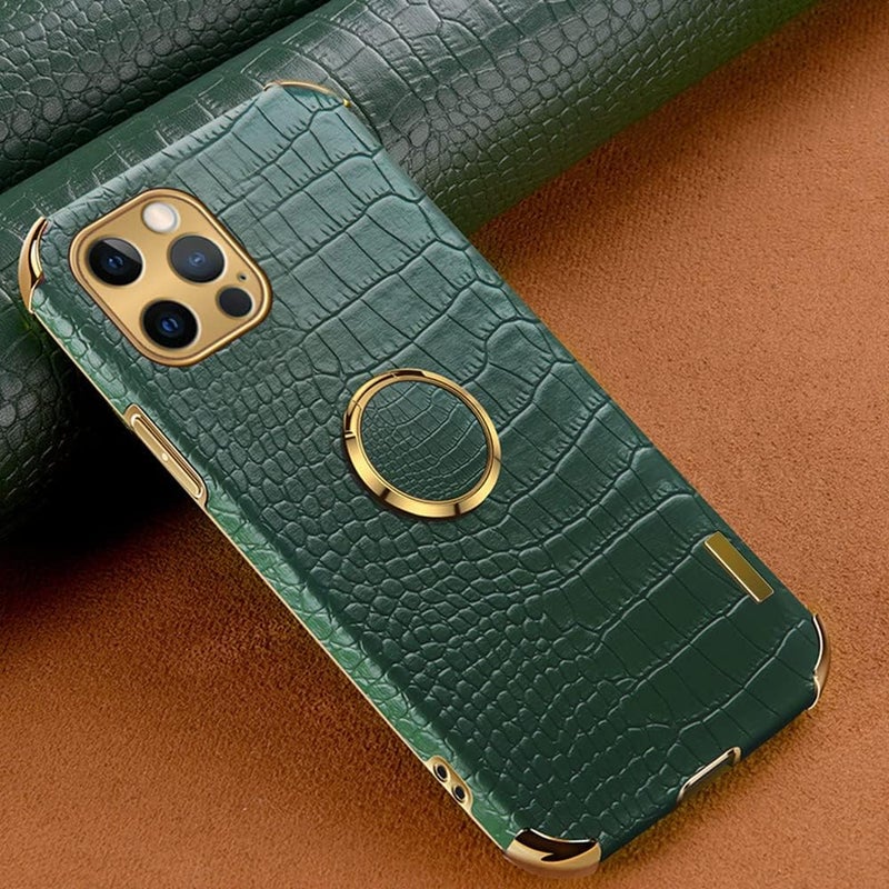 guppy Compatible with iPhone 16 Pro Max Ring Holder Case Luxury Crocodile Cover Gold Edge 360 Degree Rotation Stand Compatible with Women Slim Leather Snake Lizard Skin Protective Cover case,Green - Image 3