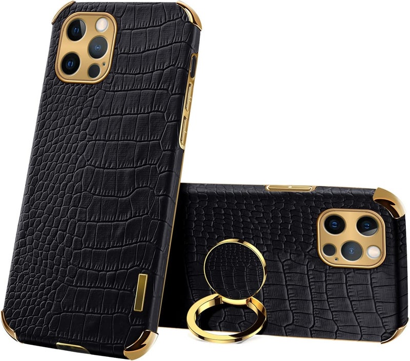 guppy Compatible with iPhone 16 Pro Max Ring Holder Case Luxury Crocodile Cover Gold Edge 360 Degree Rotation Stand Compatible with Women Slim Leather Snake Lizard Skin Protective Cover case,Green - Image 1