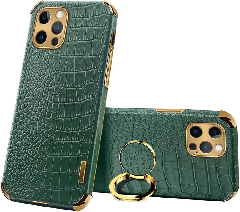 guppy Compatible with iPhone 16 Pro Max Ring Holder Case Luxury Crocodile Cover Gold Edge 360 Degree Rotation Stand Compatible with Women Slim Leather Snake Lizard Skin Protective Cover case,Green - Image 2