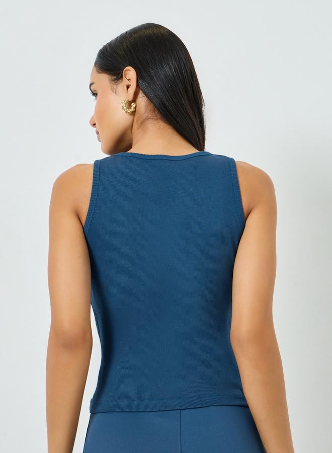Styli Blue Fitted Ribbed Tank with Badge Detail - Image 5