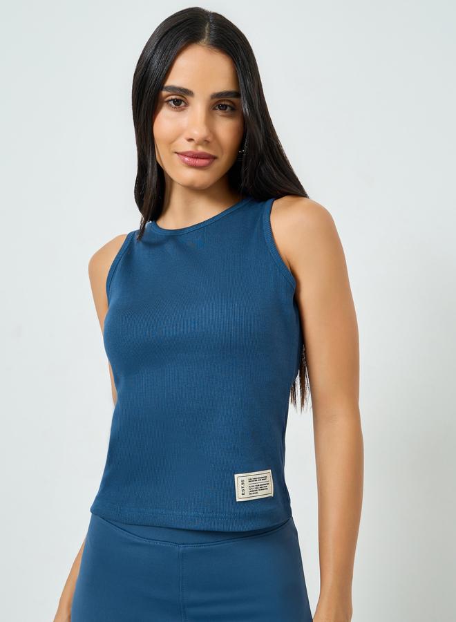 Styli Blue Fitted Ribbed Tank with Badge Detail - Image 3