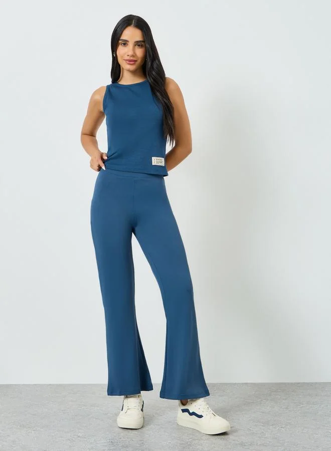 Styli Blue Fitted Ribbed Tank with Badge Detail